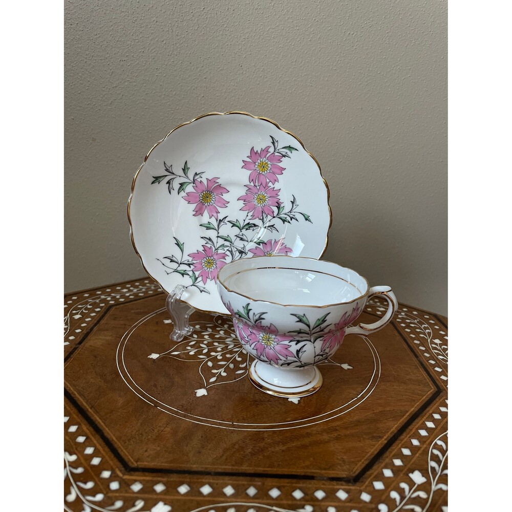 Vintage Rosina Fine Bone China England Cup And Saucer #4899 Pink Cornflowers